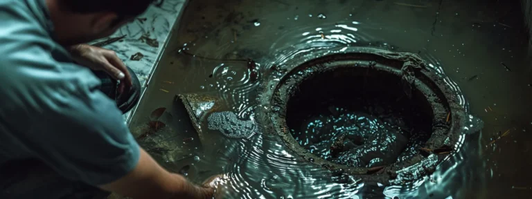 A Grimy, Clogged Drain Overflowing With Murky Water As A Frustrated Homeowner Looks On In Dismay.