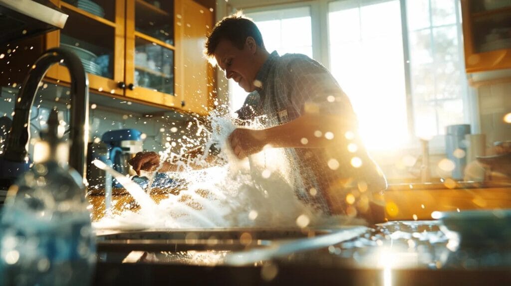 a dedicated plumber expertly addresses a burst pipe under a kitchen sink, with water spraying dramatically amidst a backdrop of boise landmarks, capturing the urgency and reliability of emergency plumbing services.