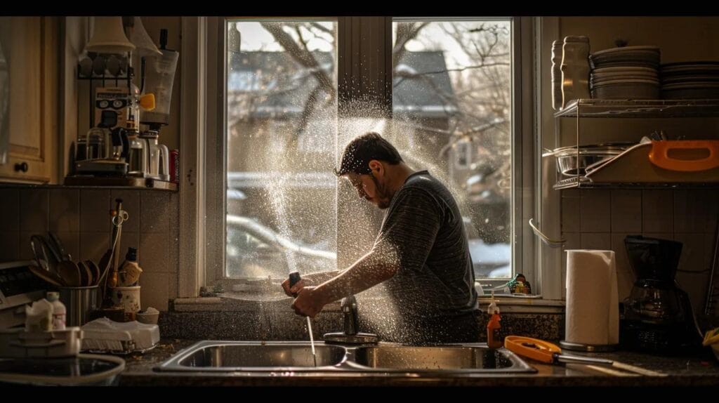 A Dedicated Plumber Skillfully Repairs A Burst Pipe Beneath A Sink In A Cozy Kitchen, Water Spraying Dramatically As Boise Landmarks Are Visible Through The Window, Capturing The Urgency And Expertise Of Dependable Emergency Plumbing Services.