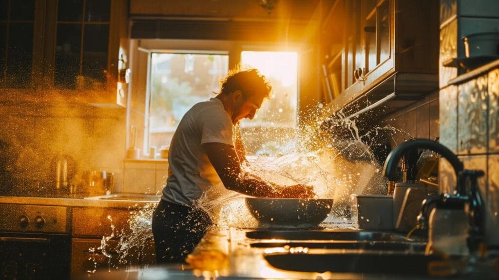 a determined plumber swiftly addresses a burst pipe, with water spraying dramatically under a sink in a warmly lit boise kitchen, while essential tools surround him, embodying urgency and expert service.