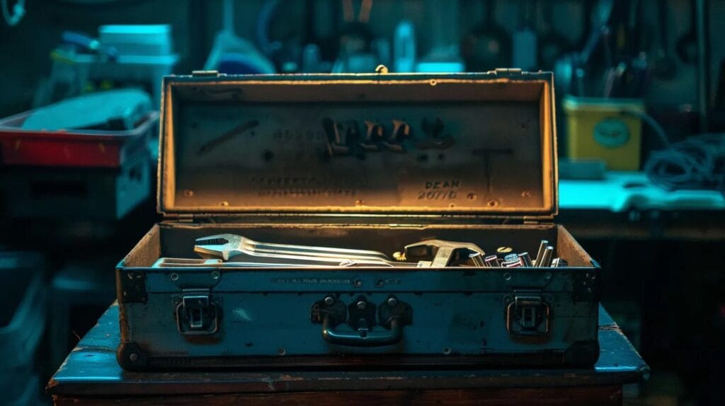 a dramatic close-up of a plumber’s toolbox gleaming with tools against a backdrop of a dimly lit, emergency-lit setting, evoking the urgency and readiness of after-hours plumbing services.