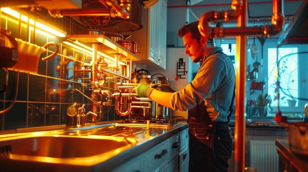 a dynamic scene depicts a skilled plumber swiftly repairing an intricate network of vibrant pipes in a modern, brightly lit kitchen, emphasizing efficiency and expertise in emergency plumbing solutions, Boise Emergency Plumbing Solutions for Reliable Repairs