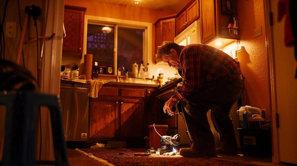 a dynamic scene of a professional emergency plumber in action, expertly diagnosing a burst pipe in a cozy boise home, illuminated by bright work lights that cast sharp shadows, highlighting the urgency and skill of the moment.