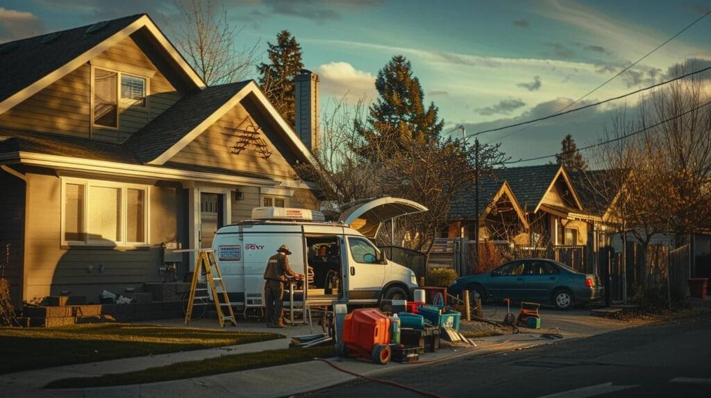 a dynamic scene of a bustling plumbing service van parked in front of a modern boise home, with a skilled plumber in action, surrounded by gleaming tools and vibrant plumbing equipment, all illuminated by the warm glow of sunlight during golden hour.