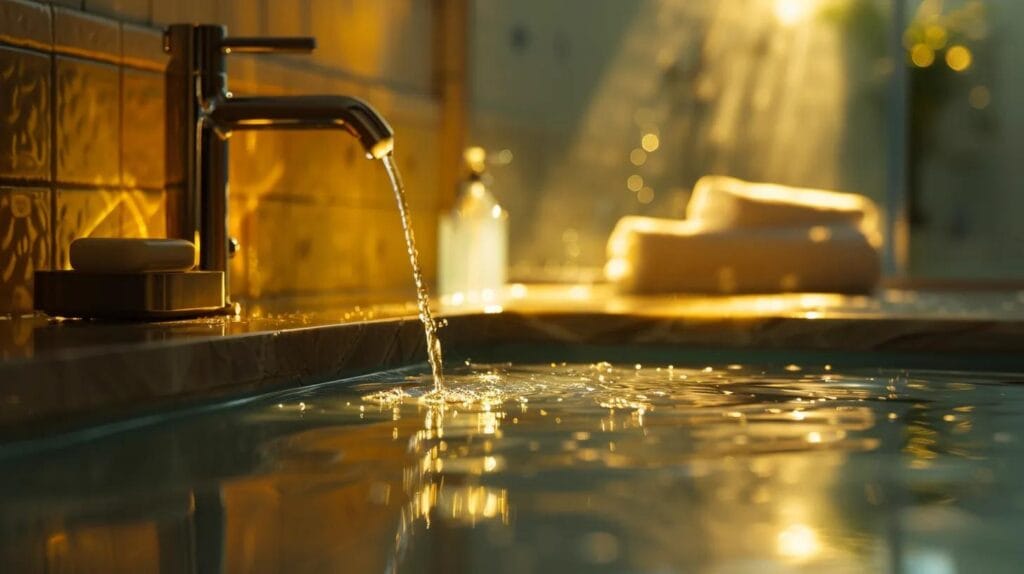 a focused close-up of a pristine bathroom, showcasing a gleaming faucet with a clear, steady drip of water illuminated by soft, natural light, emphasizing the urgency of identifying plumbing leaks early.