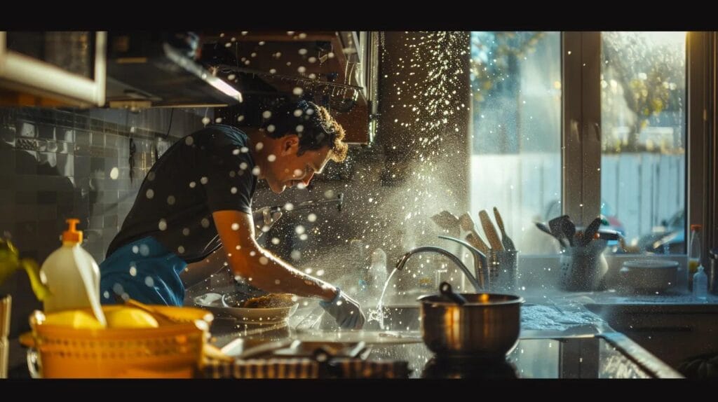a focused plumber in a bustling residential kitchen swiftly repairs a burst pipe, with water spraying dramatically under the sink, while tools are at the ready and subtle boise landmarks glimmering through the window highlight the urgency and reliability of 24/7 emergency plumbing services.