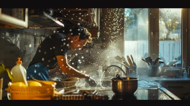 A Focused Plumber In A Bustling Residential Kitchen Swiftly Repairs A Burst Pipe, With Water Spraying Dramatically Under The Sink, While Tools Are At The Ready And Subtle Boise Landmarks Glimmering Through The Window Highlight The Urgency And Reliability Of 24/7 Emergency Plumbing Services.