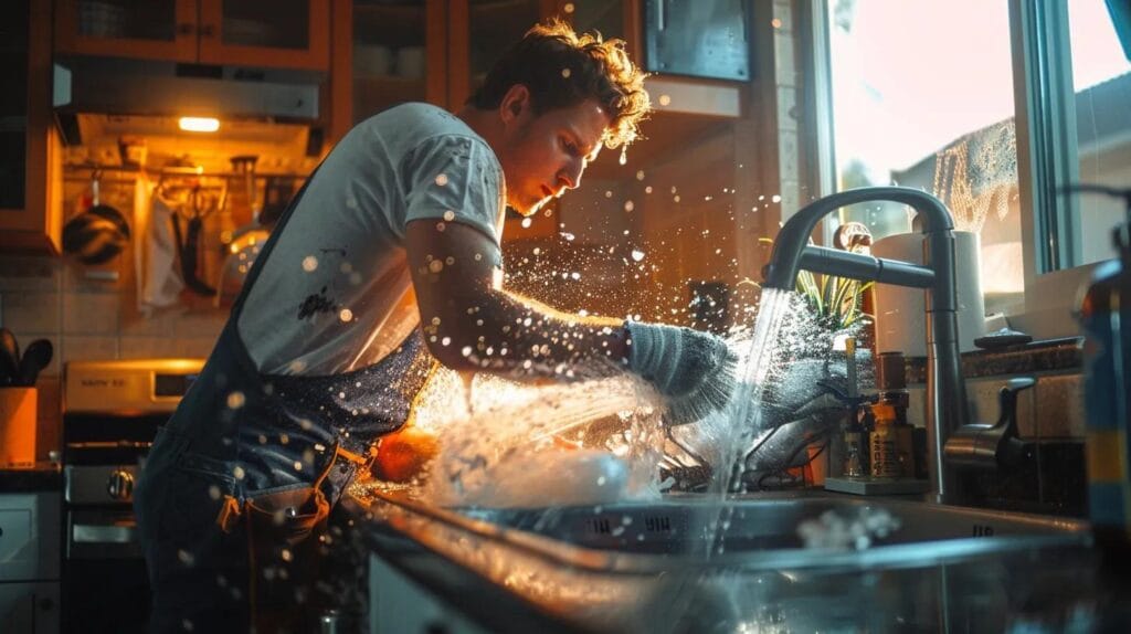 a focused plumber swiftly repairs a burst pipe under a sink, water spraying dramatically in a well-lit kitchen, with boise's distinctive landmarks visible through the window, capturing the urgency and professionalism of emergency plumbing services.