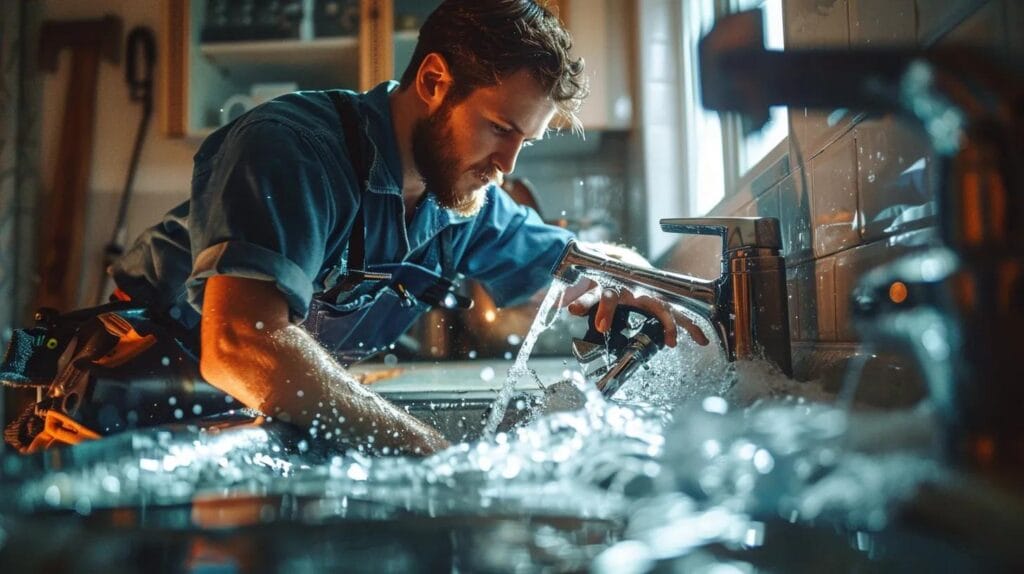 A Focused Plumber Urgently Repairs A Burst Pipe Under A Kitchen Sink, With Water Spraying Dramatically, Tools At The Ready, And Boise Landmarks Subtly Visible Through The Window, Emphasizing The Reliability And Expertise Essential For Emergency Plumbing Services.