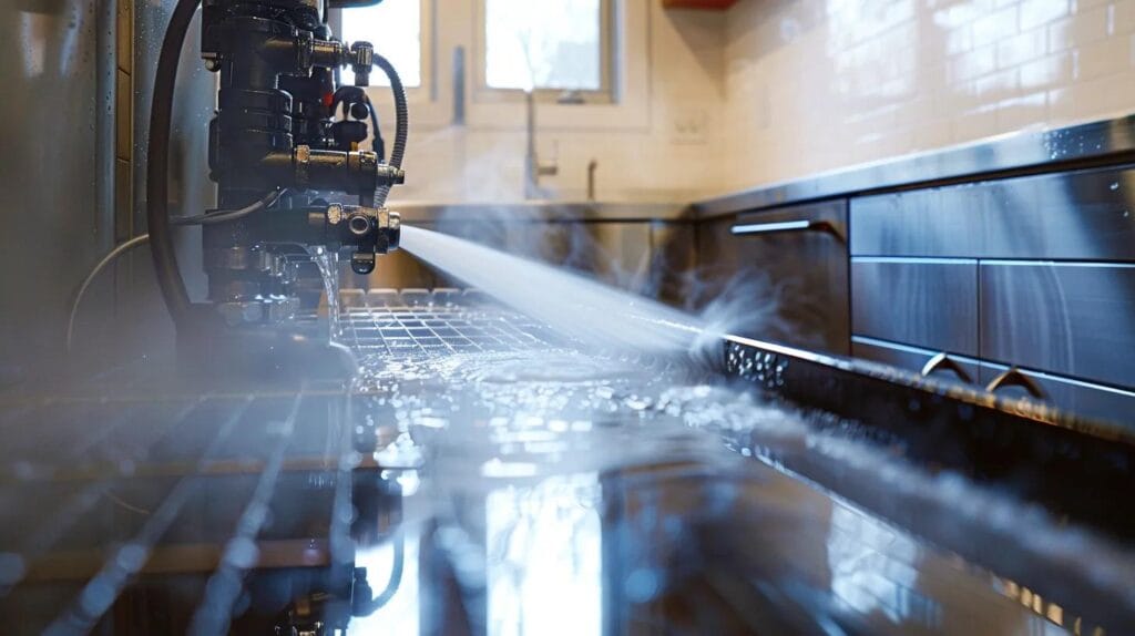 a high-tech hydro jetting machine efficiently clears a clogged drain in a pristine residential kitchen, showcasing clean pipe walls and water flowing smoothly, with iconic boise landmarks subtly visible through the window, highlighting professionalism and advanced plumbing solutions.