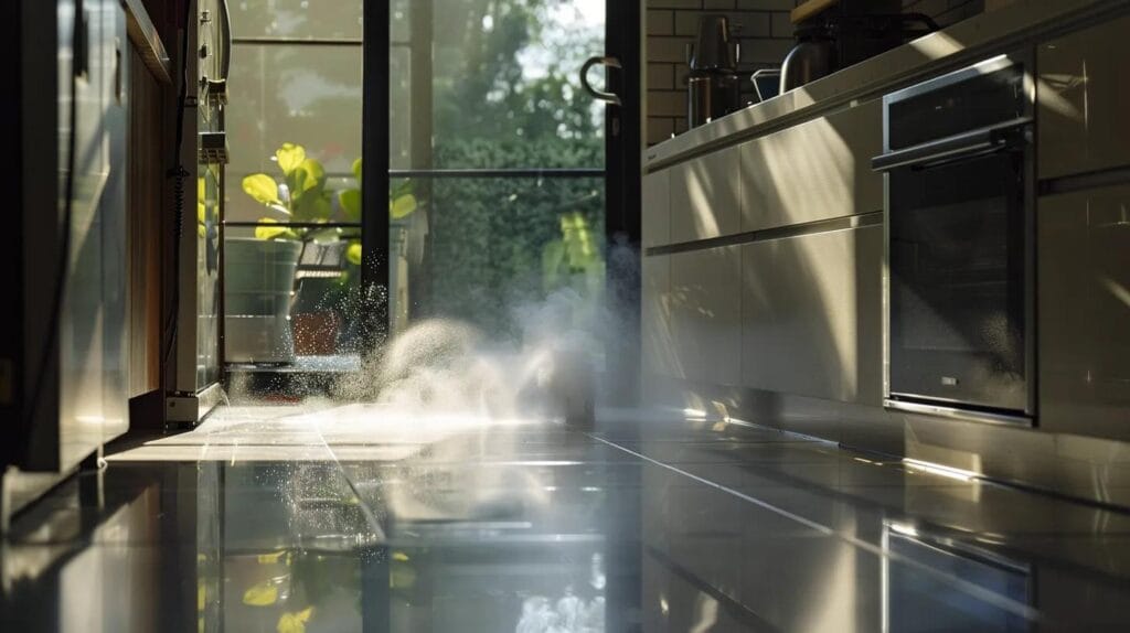 a professional plumber employs a sleek hydro jetting machine in a pristine residential kitchen, showcasing the dynamic flow of water as a cross-sectional view reveals a clogged drain being efficiently cleared within spotless pipe walls, all illuminated by natural light filtering through a window that frames subtle boise landmarks.