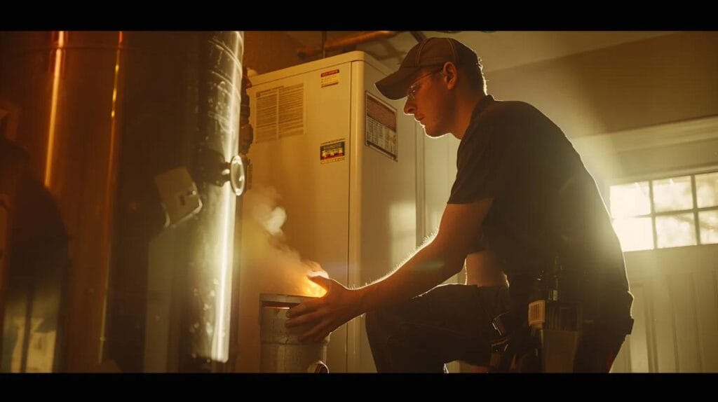 a professional plumber meticulously inspects a glowing water heater in a cozy residential utility room, steam rising softly as boise's iconic landmarks frame the warm, inviting backdrop of expertly delivered comfort and reliability.