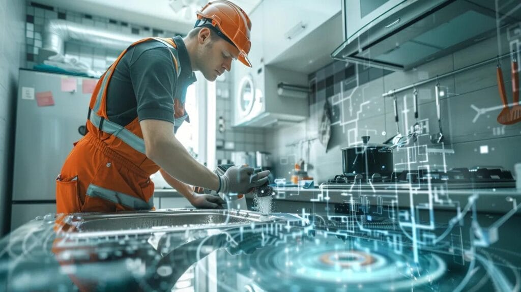 a professional plumber operates a high-tech hydro jetting machine, dynamically clearing a clogged drain in a pristine kitchen sink, with a cross-sectional view revealing the breakdown of the blockage and clean pipe walls, while boise landmarks subtly frame the background, symbolizing advanced plumbing solutions.