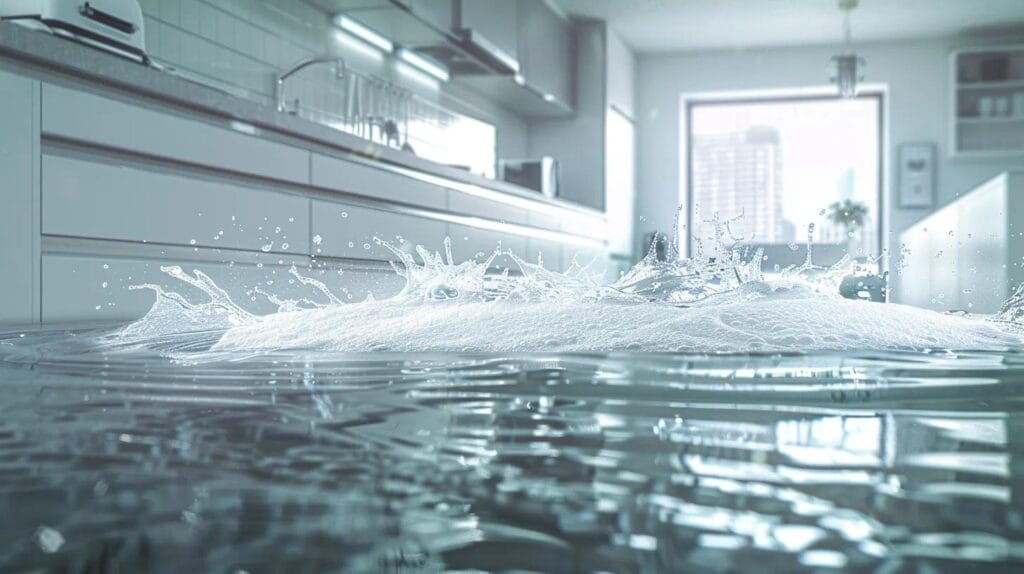 a professional plumber operates a high-tech hydro jetting machine to clear a clogged drain in a pristine residential kitchen, with water flowing smoothly and a cross-sectional view revealing the breakdown of the clog against clean pipe walls, while iconic boise landmarks subtly frame the background.