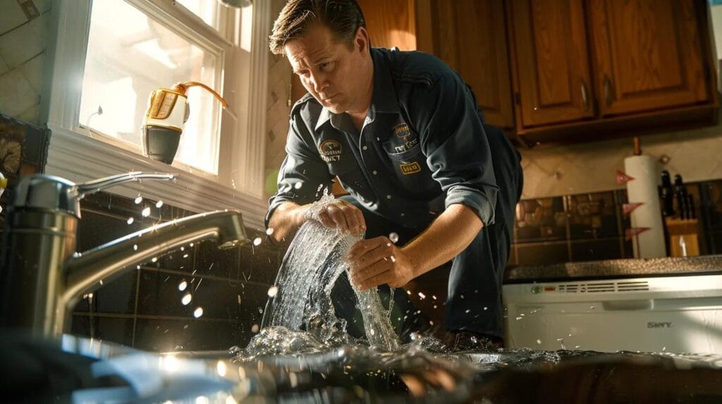 A Seasoned Plumber, Clad In Professional Attire, Swiftly Addresses A Burst Pipe Under A Kitchen Sink, Water Gushing Dramatically, With The Warmth Of A Cozy Residential Setting And Subtle Boise Landmarks Visible Through The Window, Conveying Urgency And Expertise In Emergency Services.