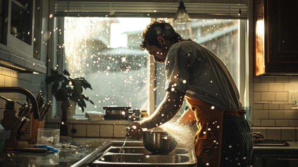 a skilled plumber expertly addresses a plumbing emergency in a brightly-lit kitchen, with water spraying from a burst pipe and essential tools ready at hand, framed by a window revealing the iconic skyline of boise, symbolizing rapid response and local reliability.