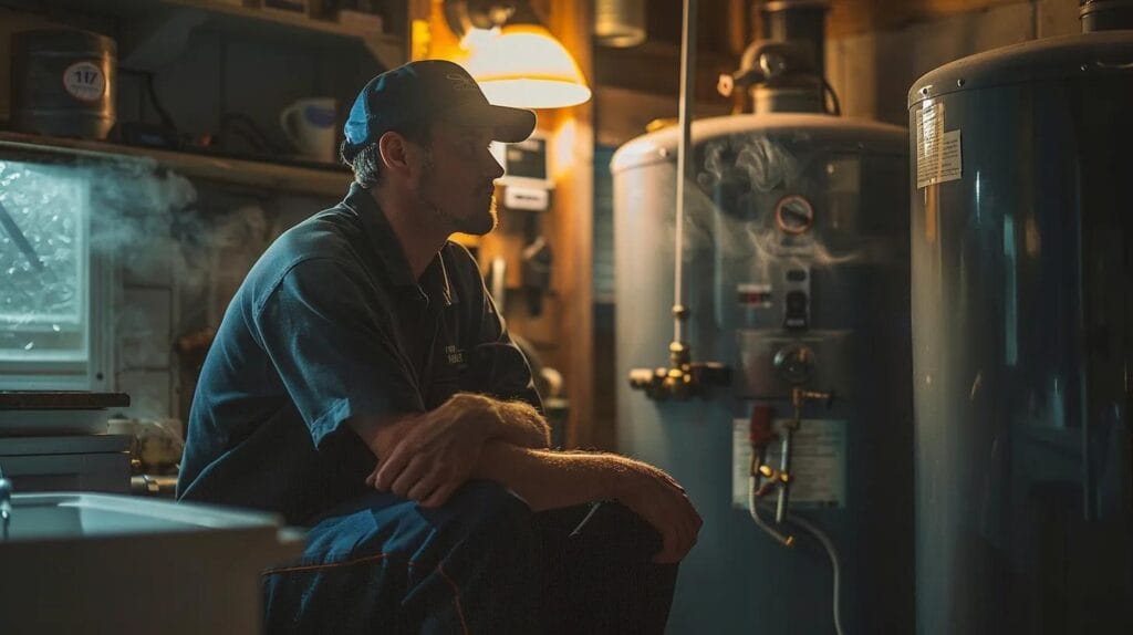 a skilled plumber expertly diagnoses a water heater in a well-organized residential utility room, with steam rising gently and boise landmarks illuminating through the window, symbolizing dependable and professional water heater repair services.