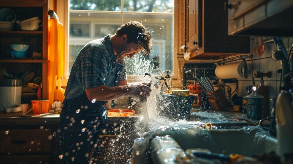 A Skilled Plumber Expertly Tackles A Burst Pipe In A Cozy Residential Kitchen, Water Spraying Dramatically As Tools Are Poised For Immediate Action, With Boise Landmarks Subtly Visible Through The Window, Capturing The Essence Of Urgent Plumbing Service.