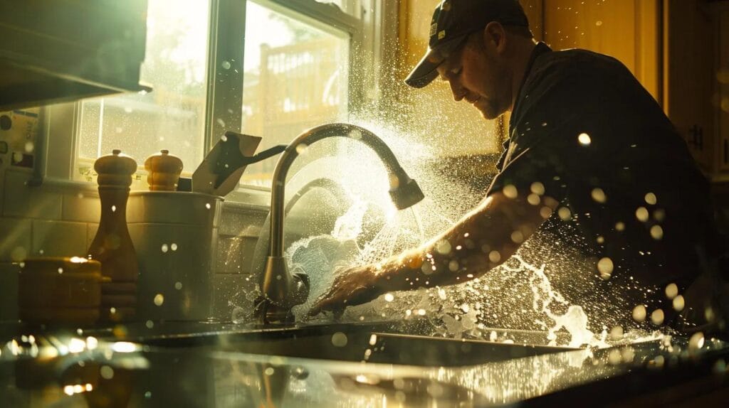 a skilled plumber expertly tackles a burst pipe in a warm, inviting kitchen, water spraying dramatically as he swiftly addresses the emergency, with boise's recognizable landmarks framed through the window, symbolizing urgent and reliable drain cleaning services.