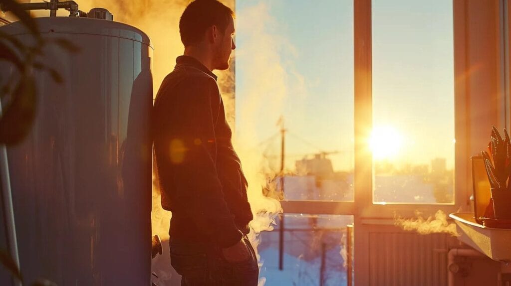 a skilled plumber inspects a modern solar water heater in a bright utility room, with boise's skyline visible through the window, enveloped in soft steam and the inviting glow of warm water flowing from a nearby faucet.