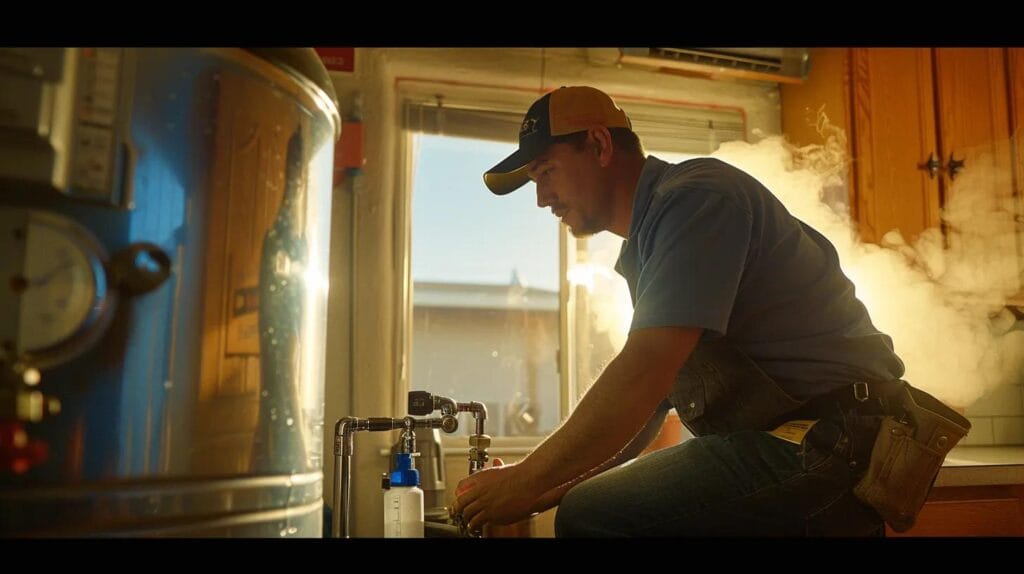 a skilled plumber inspects a water heater in a warmly lit residential utility room, with boise landmarks visible through the window, while subtle steam and a gentle flow from a nearby faucet signify comfort and expertise in water heater maintenance.