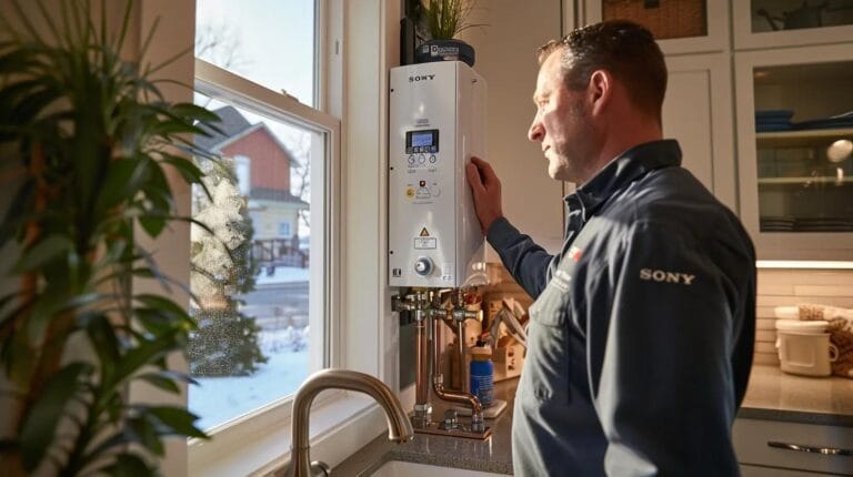 A Skilled Plumber Inspects A Sleek Tankless Water Heater In A Warm, Inviting Utility Room, With Steam Rising Gently From A Nearby Faucet And Iconic Boise Landmarks Framed In The Window, Capturing A Sense Of Expert Craftsmanship And Local Service.