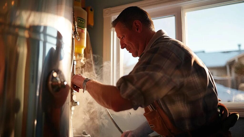 a skilled plumber inspects a gleaming water heater in a cozy residential utility room, with boise's iconic skyline visible through the window, while warm steam and flowing water evoke a sense of comfort and expertise in home repair.