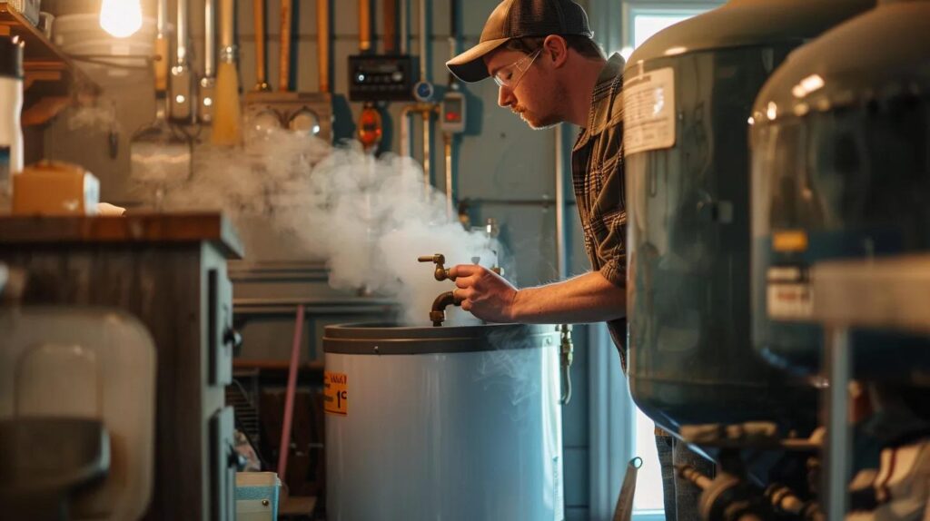 a skilled plumber inspects a water heater in a cozy residential utility room, with boise landmarks visible through the window and gentle steam rising from a nearby faucet, symbolizing warmth and expert service.