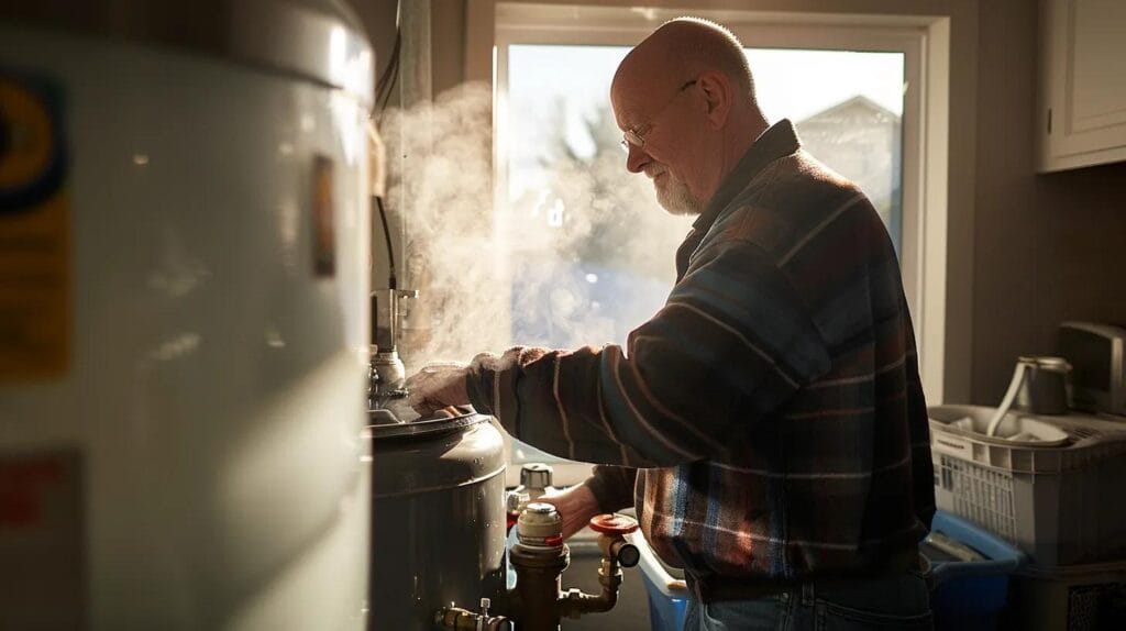 a skilled plumber inspects a water heater in a well-organized residential utility room, with steam softly rising and iconic boise landmarks visible through the window, capturing the essence of expert energy-efficient repair and comfort restoration.