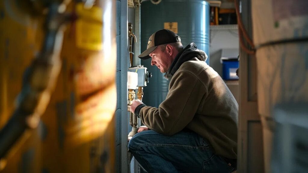 a skilled plumber inspects a water heater in a cozy boise utility room, with a digital diagnostic tool in hand, as warm water flows gently from a nearby faucet and boise landmarks peek through the window, capturing the essence of expert home comfort restoration.