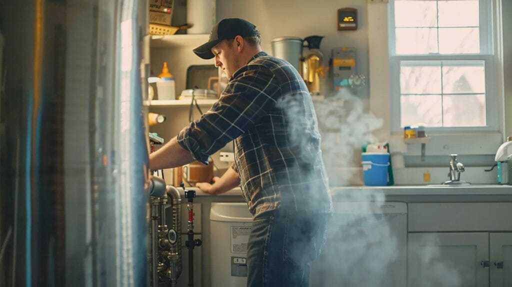 a skilled plumber inspects a hybrid water heater in a bright, organized utility room, with subtle steam rising and iconic boise landmarks framed in the window, symbolizing expert repair services for local homeowners.