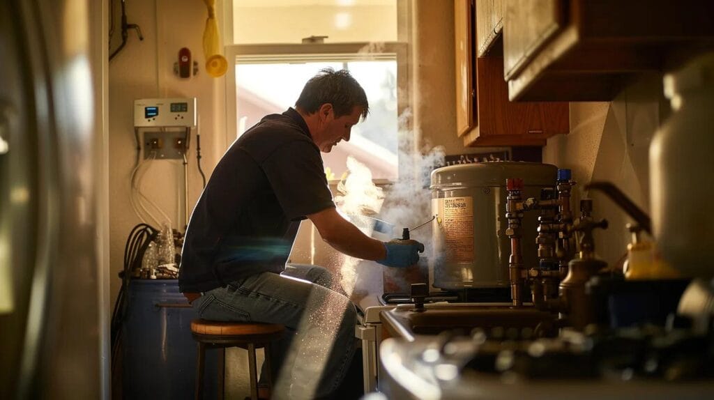 a skilled plumber meticulously repairs a gas water heater in a tidy residential utility room, with steam rising from a running faucet and iconic boise landmarks visible through the window, illustrating expertise and comfort in home maintenance.