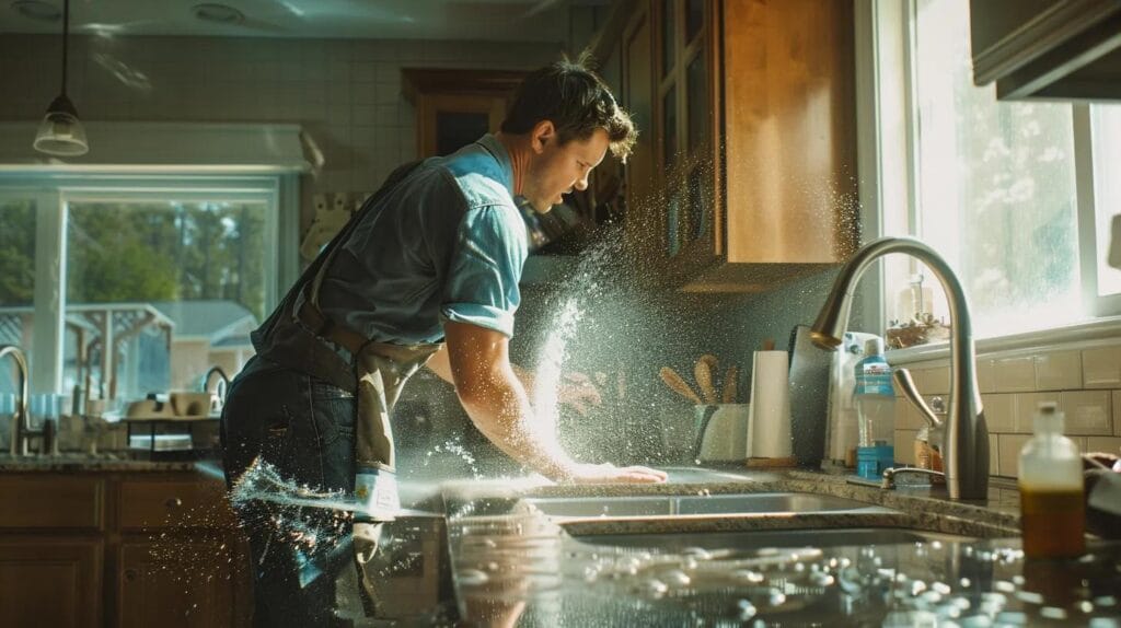 a skilled plumber swiftly addresses a burst pipe in a well-lit kitchen, with water spraying dramatically as boise landmarks are visible through the window, emphasizing the urgency and reliability of 24/7 emergency plumbing services.