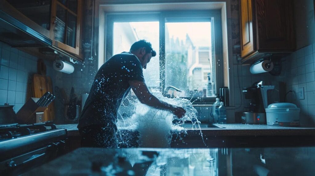 A Skilled Plumber Swiftly Addresses A Burst Pipe Beneath A Sink, Water Spraying Dramatically As He Employs Advanced Leak Detection Tools In A Cozy Boise Kitchen, With The City’s Skyline Faintly Visible Through The Window, Capturing The Urgency And Expertise Inherent In Emergency Plumbing Services.