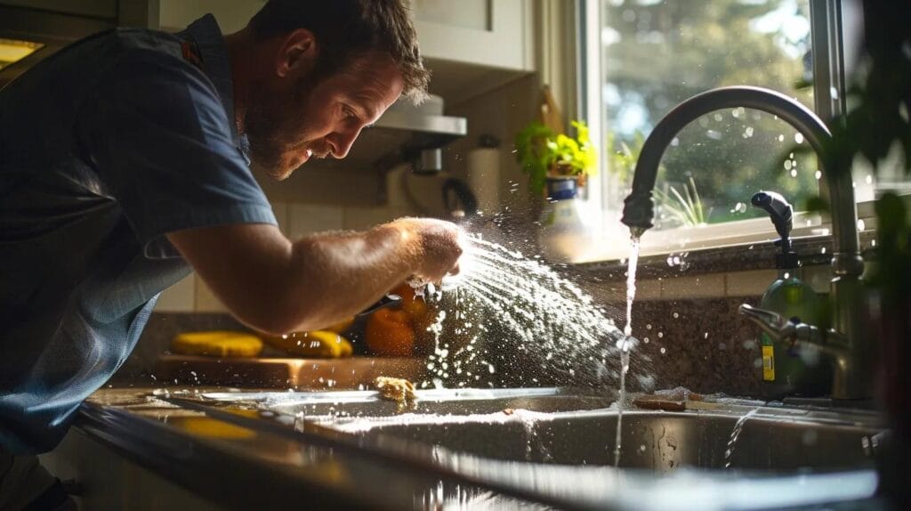 a skilled plumber swiftly repairs a burst pipe under a sink, with water spraying dramatically in a residential kitchen, while boise landmarks are subtly visible through the window, emphasizing the urgency and expertise of 24-hour plumbing services.