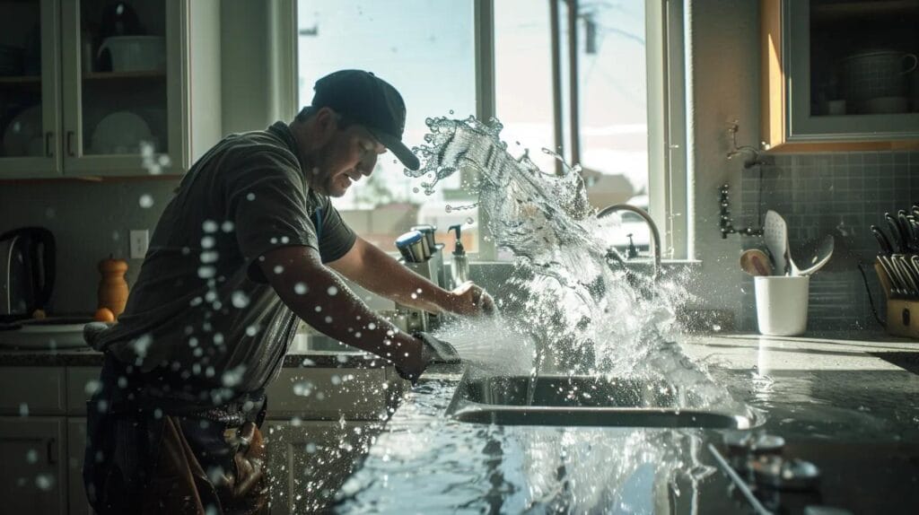 a skilled plumber swiftly tackles a burst pipe in a residential kitchen, with water spraying dramatically against the backdrop of boise's skyline visible through the window, capturing the urgency and professionalism of 24/7 emergency plumbing services.