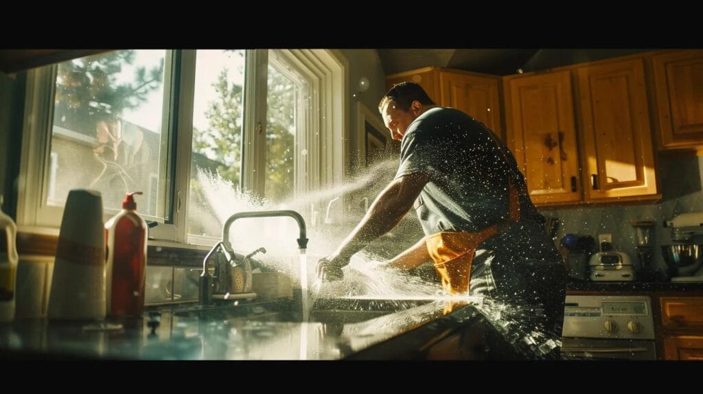 A Skilled Plumber Swiftly Tackles A Burst Pipe In A Cozy Kitchen, Water Spraying Dramatically Under The Sink, With Boise'S Iconic Scenery Visible Through The Window, Capturing The Urgency And Reliability Of 24/7 Emergency Plumbing Services.