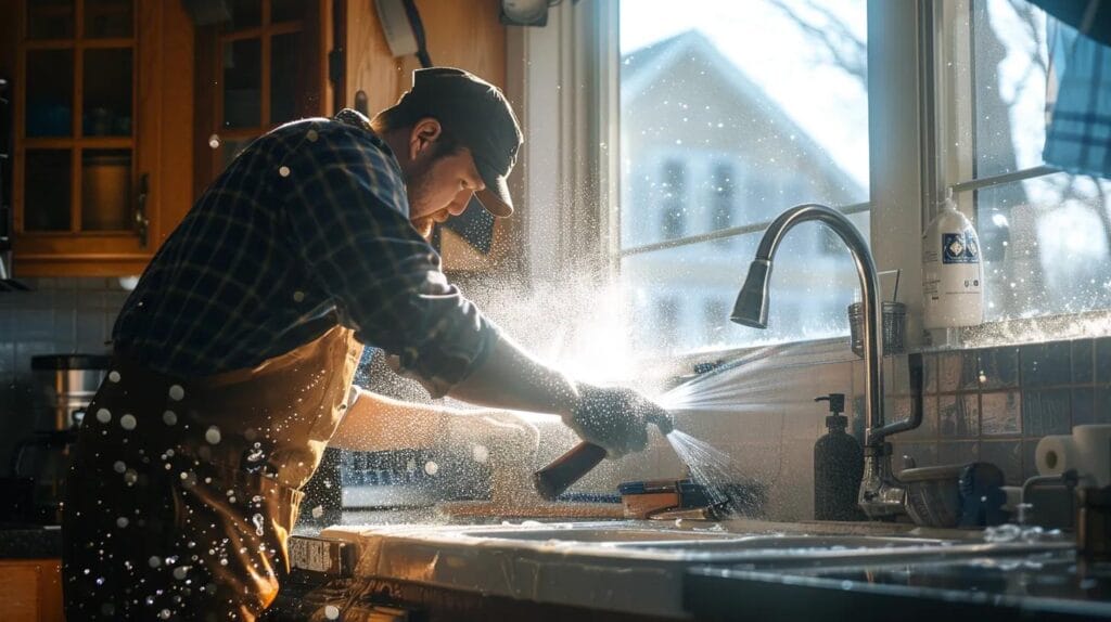 a skilled plumber swiftly tackles a burst pipe under a kitchen sink, water spraying dramatically as tools are poised for action, with iconic boise landmarks visible through the window, encapsulating a scene of urgency and professional expertise in emergency plumbing services.