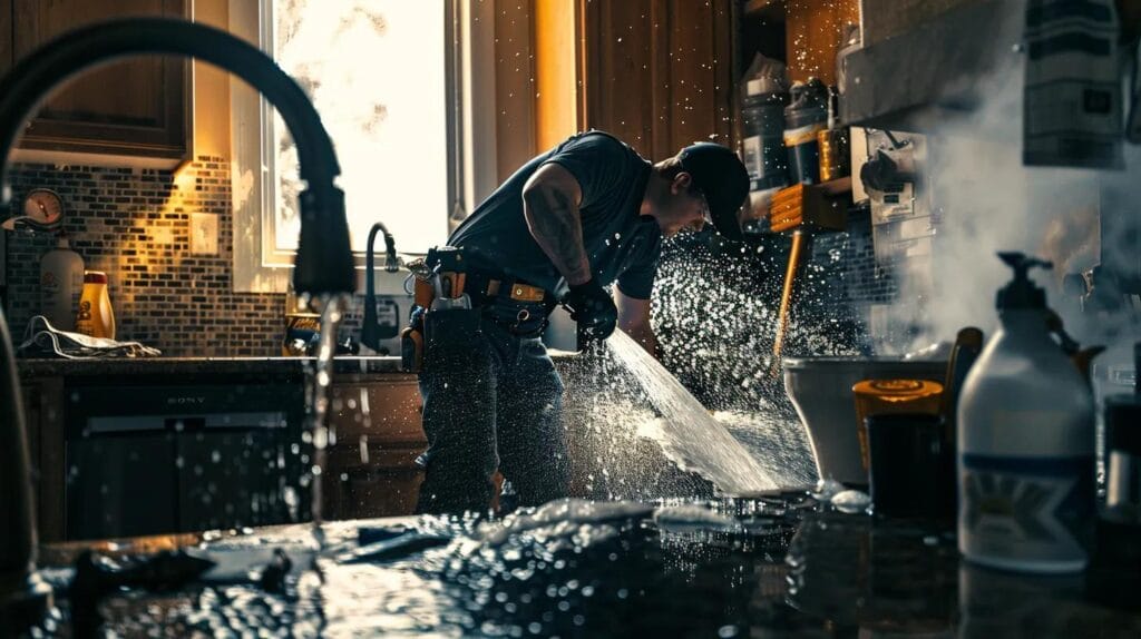 a skilled plumber urgently addresses a burst pipe in a residential bathroom, water spraying dramatically as boise landmarks are subtly visible through the window, conveying the theme of rapid response and expertise in emergency plumbing services.