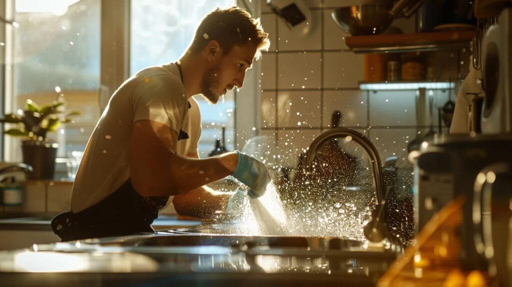 A Skilled Plumber Urgently Repairs A Burst Pipe Under A Sink In A Residential Kitchen, With Water Spraying Dramatically And Boise Landmarks Subtly Visible Through The Window, Capturing The Essence Of Rapid Response And Professional Reliability.