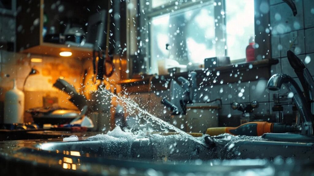 a skilled plumber urgently repairs a burst pipe beneath a sink in a cozy bathroom, with water dramatically spraying amidst the organized chaos of tools, while a glimpse of boise's iconic skyline peeks through the window, symbolizing 24/7 emergency plumbing reliability.