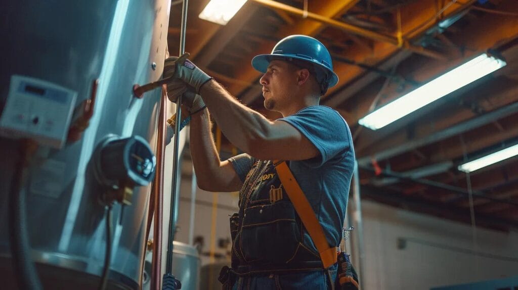 a vibrant and professional image of a skilled technician efficiently repairing a modern water heater in a bustling boise commercial setting, illuminated by bright overhead lights, showcasing the importance of essential maintenance for local businesses.