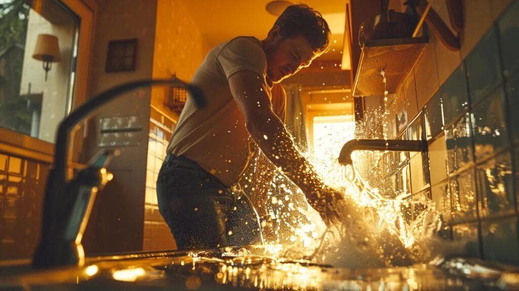 a vibrant scene of a skilled plumber expertly handling a burst pipe in a modern boise home, showcasing essential emergency plumbing solutions with tools and water splashing dramatically against the sleek interior.