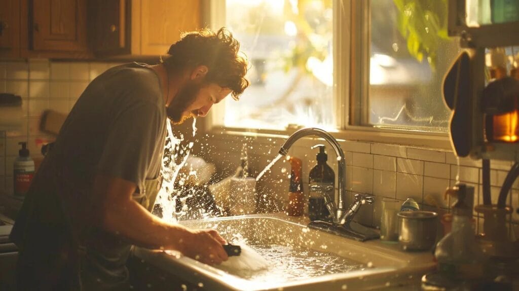 in a bright bathroom, a skilled plumber urgently repairs a burst pipe with water dramatically spraying under the sink, framed by tools at the ready and a glimpse of iconic boise landmarks through the window, conveying a sense of swift emergency response and expertise.