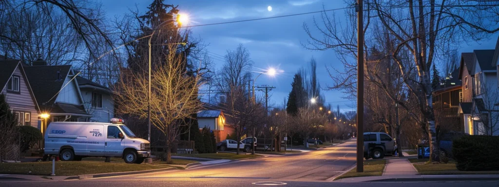 A Vibrant, Cozy Boise Neighborhood At Dusk, Illuminated By Warm Street Lamps, Showcasing A Friendly Plumber In A Company-Branded Truck Ready For Emergency Service, Reflecting Reliability And Community Trust.